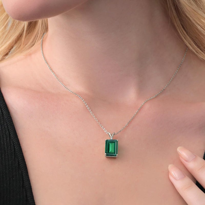 Gem Stone King 5-10 Cttw Gemstone Birthstone and Round Accent White Diamond Necklace | 14X10MM Emerald Cut | 925 Sterling Silver | Pendant Necklace for Women | With 18 Inch Silver Chain - Image 4